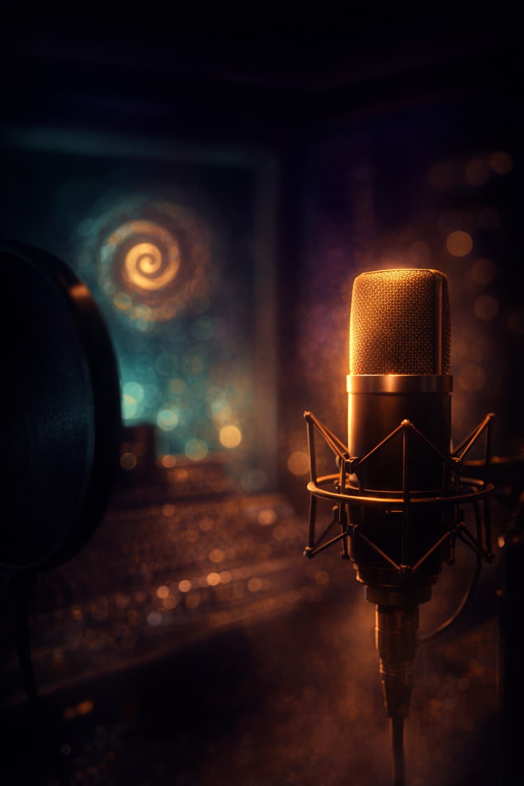 Cinematic studio microphone portrait image for Dream Spiral Studio social media post
