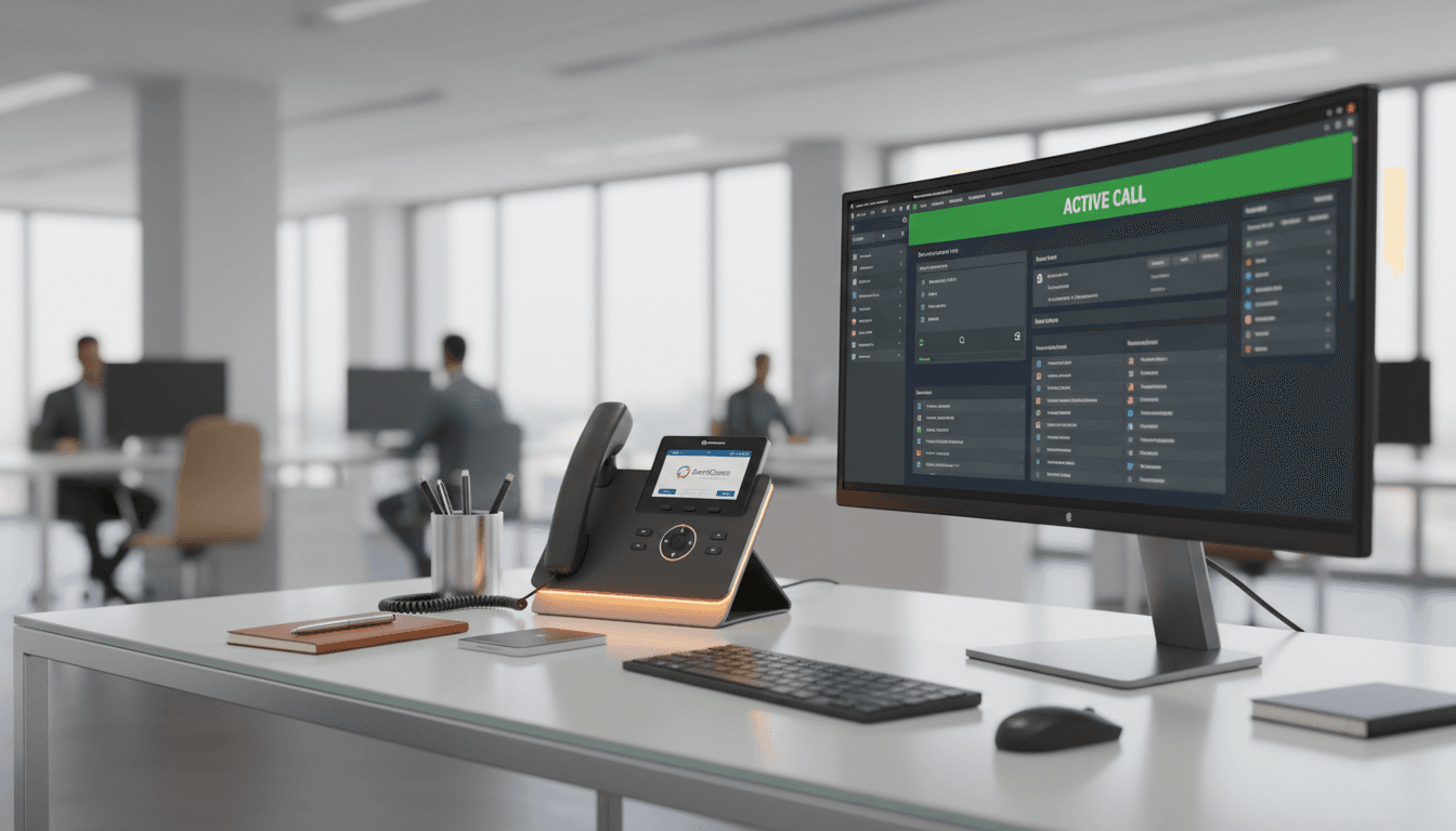 Modern phone system unit in professional office setting