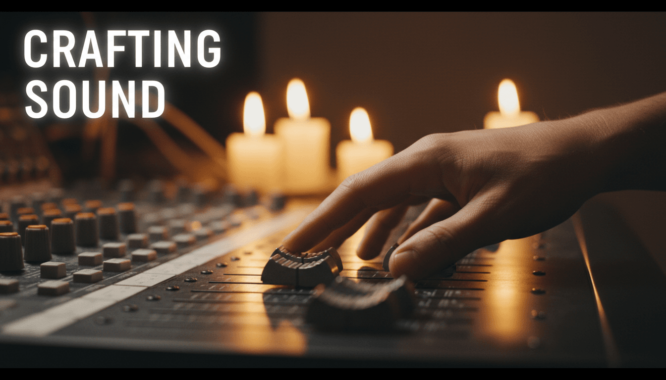 Close-up of mixing console faders with warm studio lighting