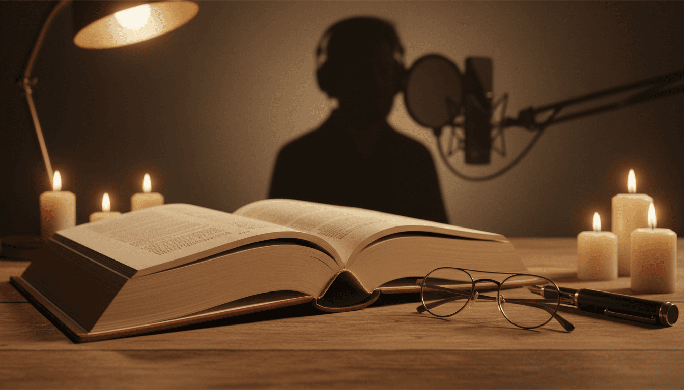 Open book next to studio microphone setup