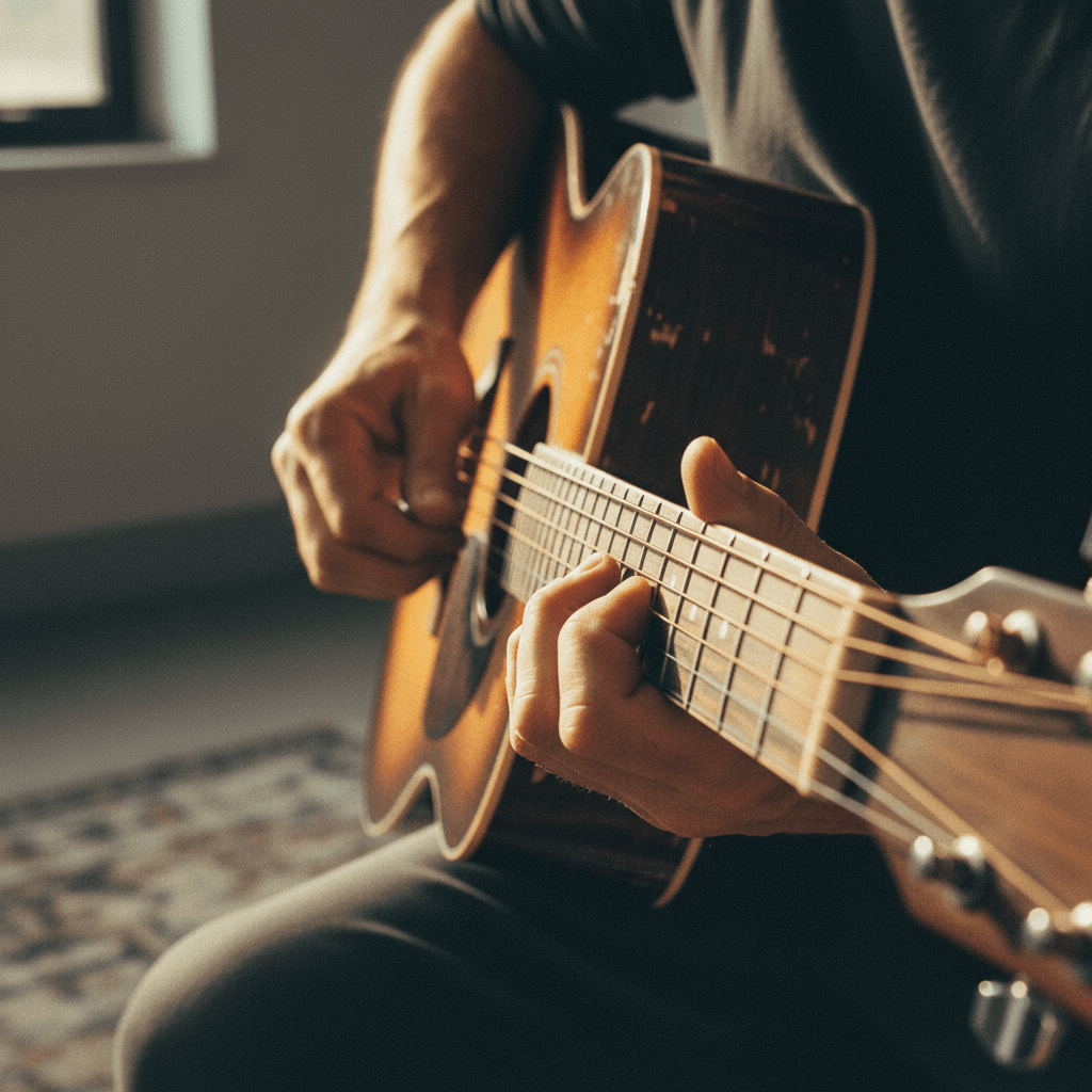 Musician composing custom song on acoustic guitar