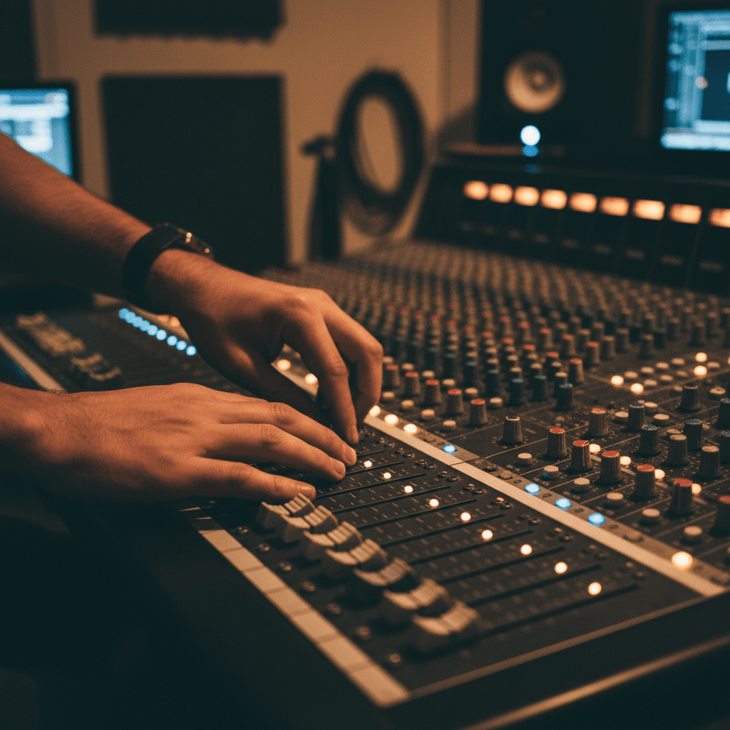 Audio mixing console with hand-written notes and warm accent lighting