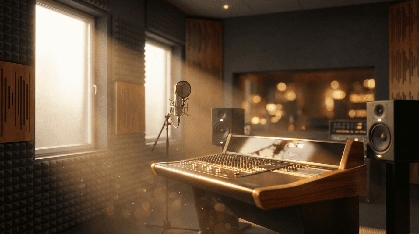 Professional recording studio with warm lighting and premium audio equipment setup