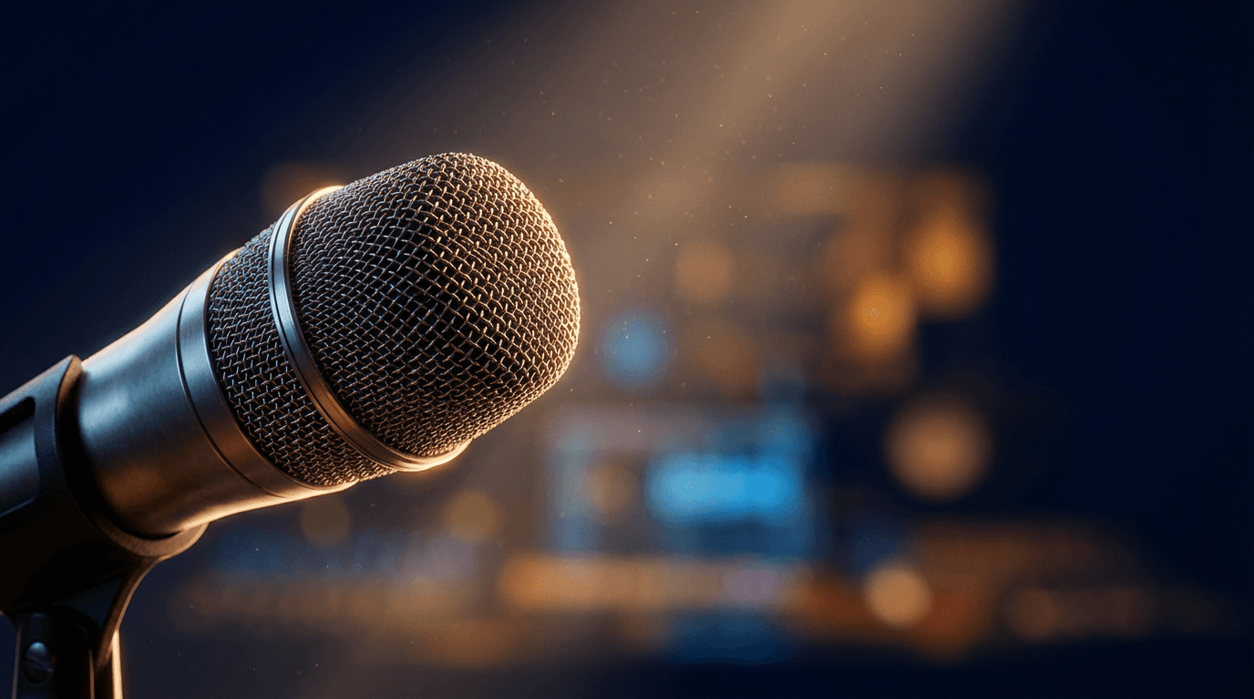 Professional microphone in recording booth with warm golden lighting