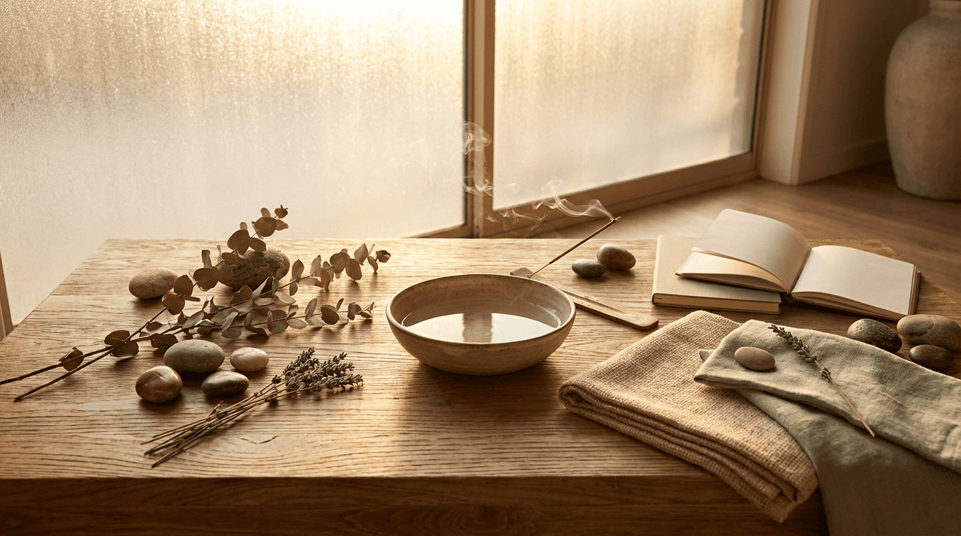 Narrator recording meditation audio in peaceful studio environment