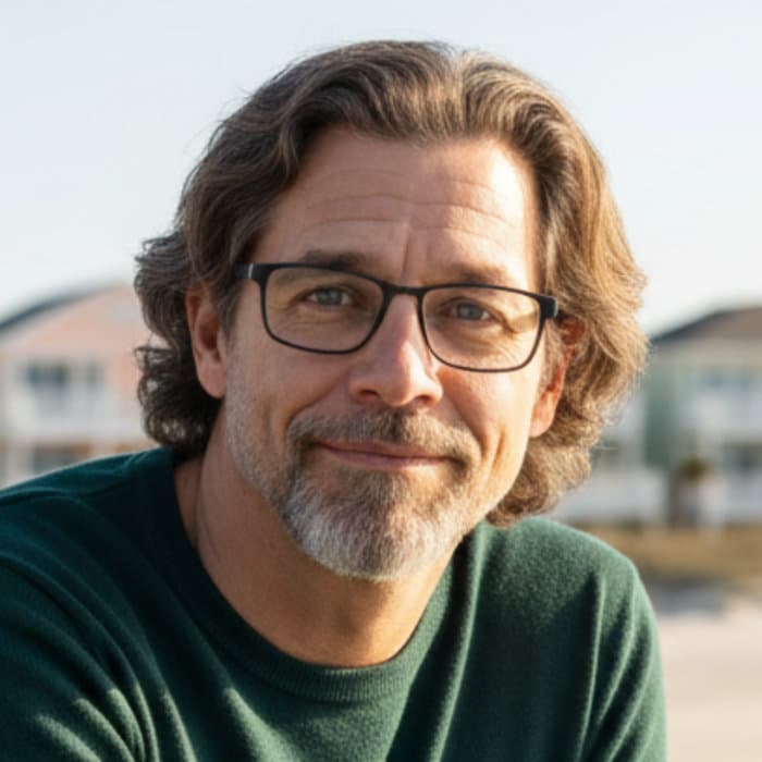 Middle-aged man with wavy hair and glasses, smiling warmly in a dark green sweater.